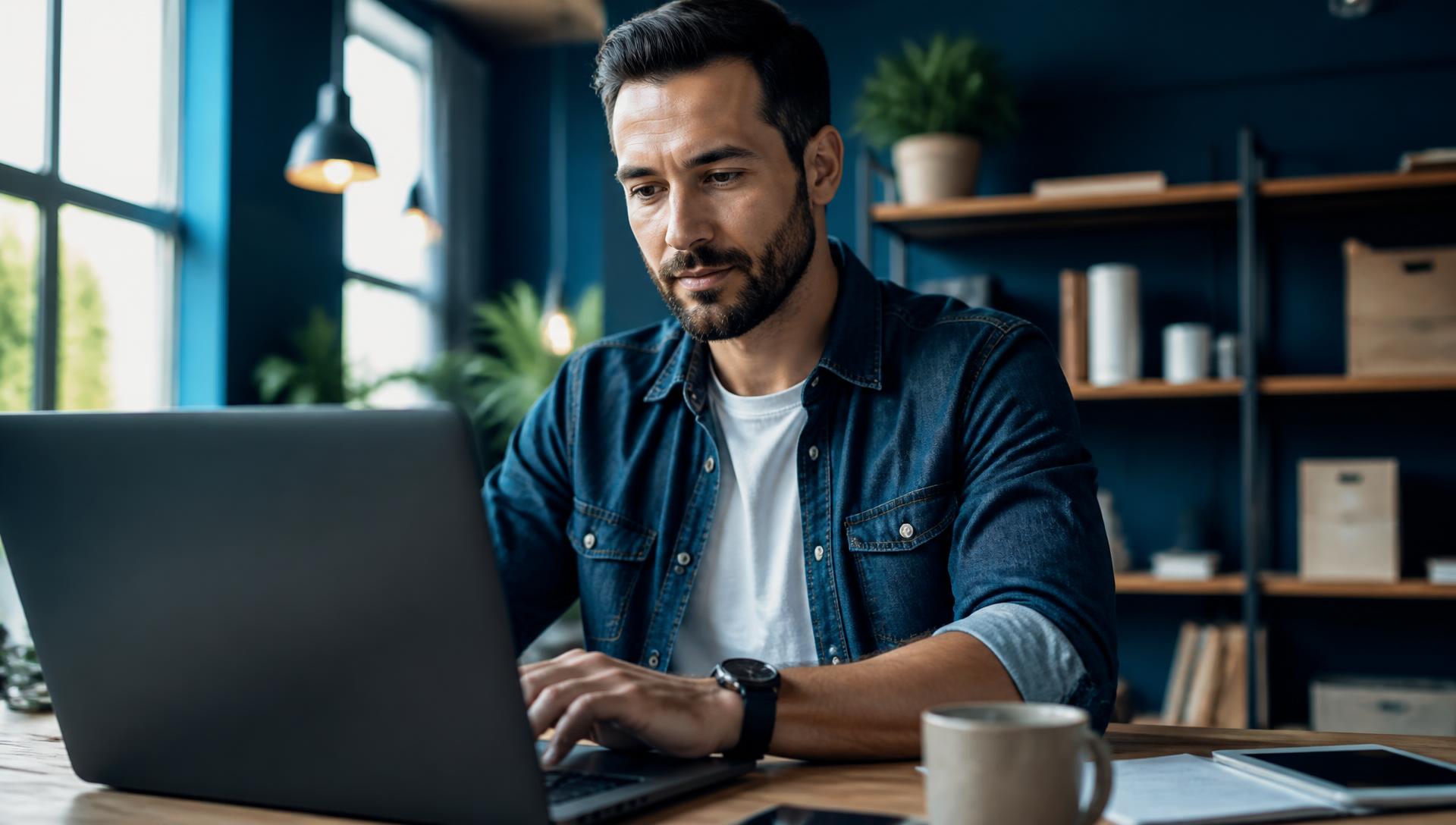 Small business owner working on a laptop in a modern workspace