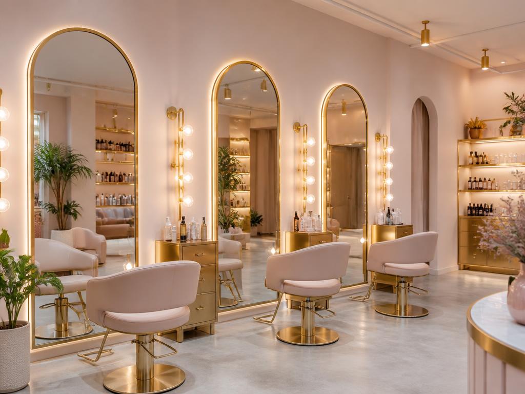 Elegant beauty salon interior with gold-framed mirrors and styling chairs