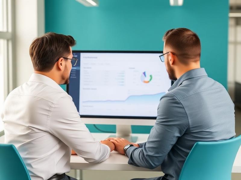 Two colleagues configuring business software on a desktop dashboard
