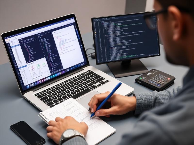 Developer improving an existing business app on a laptop and second screen
