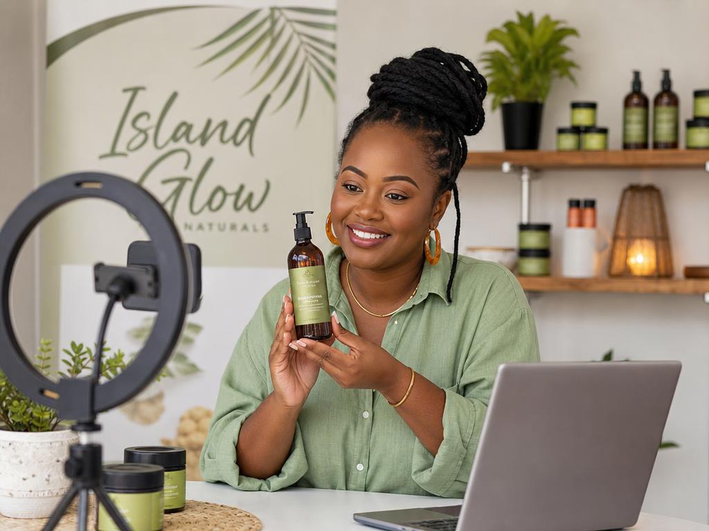 Caribbean small-business owner filming a product promotional video with a smartphone and ring light